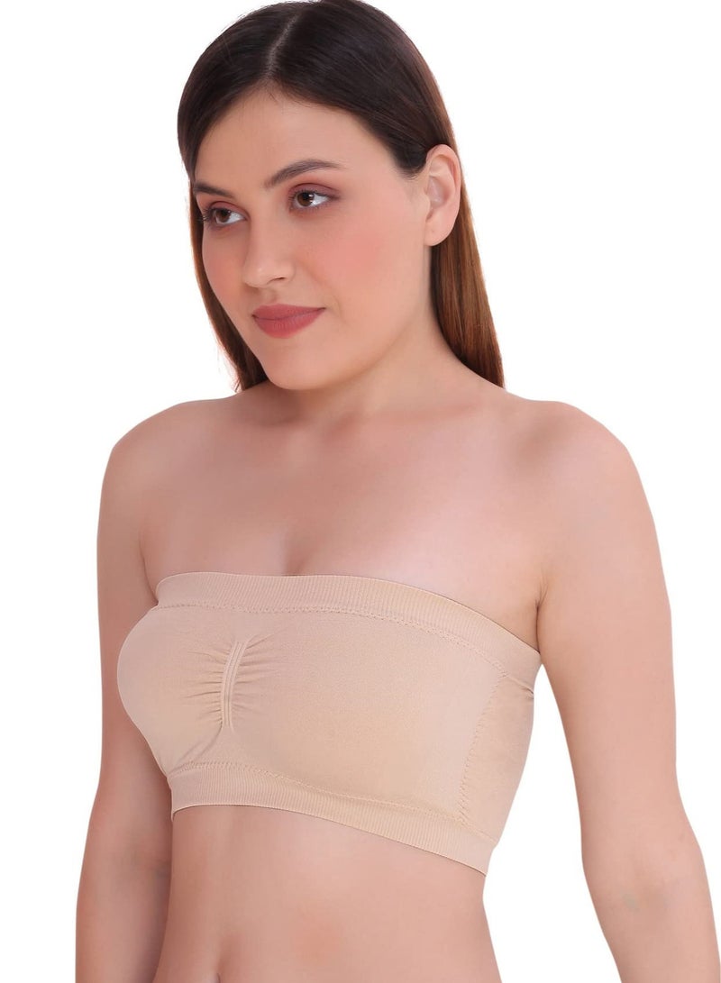Glamroot Women's Strapless Seamless Padded Bandeau Tube Top Bra, Removable Pads, Beige/White, Size S to 2XL - Image 3