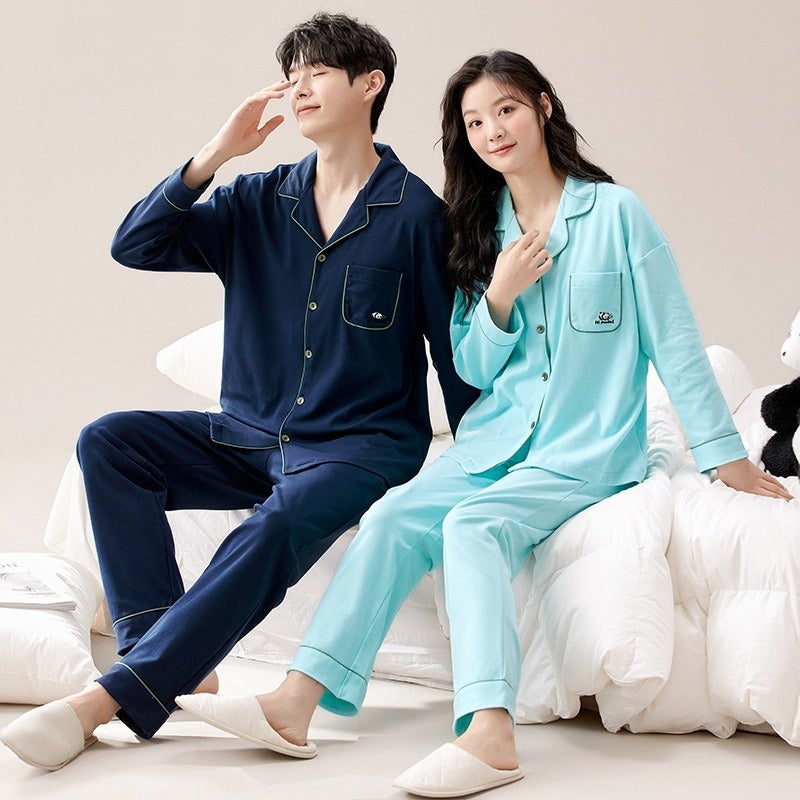 Couple Pajamas Spring/Autumn Long Sleeve Cardigan Set - Cotton, High-End Polo Collar