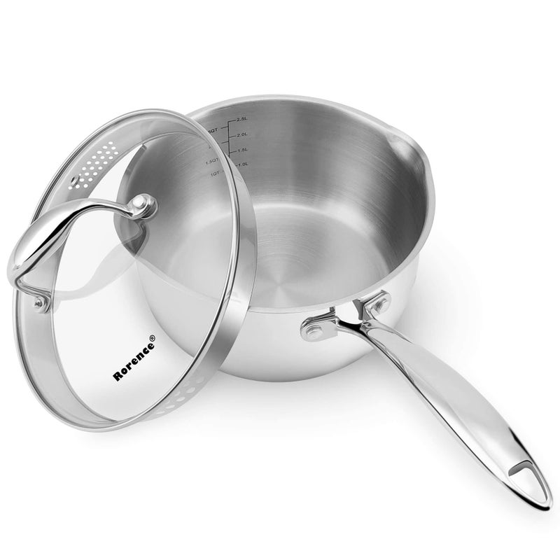 Rorence 3Quart Saucepan with Lid Pour and Strain Stainless Steel Sauce Pan with Pour Spouts Capsule Bottom  Tempered Glass Lid