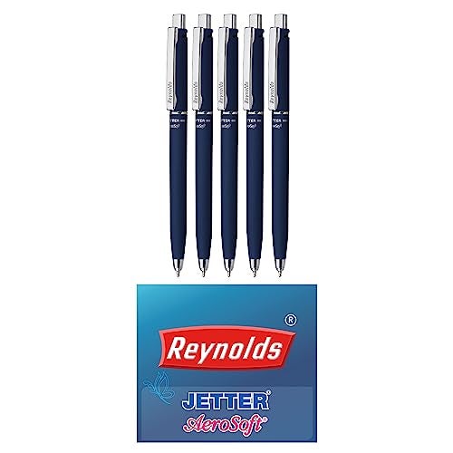 Reynolds JETTER AEROSOFT Ball Pen SET - 5 PENS BLUE | MULTI BODY COLOR BALL PEN WITH COMFORTABLE GRIP |BLUE BALL PENS FOR WRITING | PEN FOR PROFESSIONALS | 0.7 mm TIP SIZE - Image 1