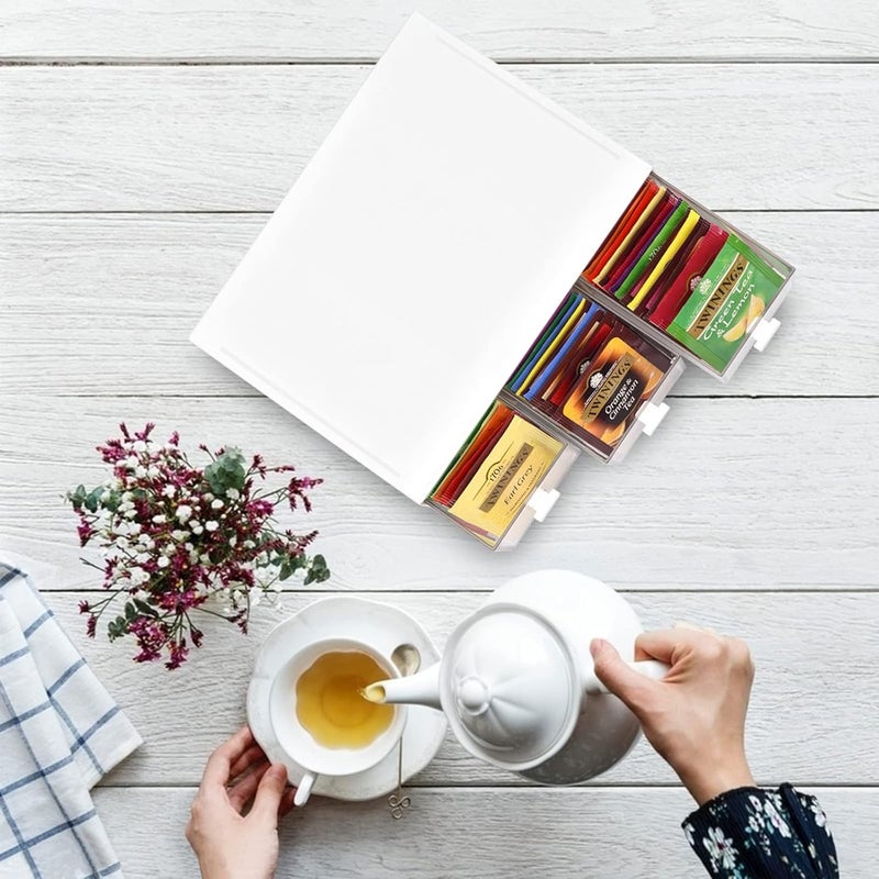 Desktop 3 Drawer Storage Box, , Dust-proof Divided Shelves for Teabags, Stationery Pens, Cosmetics, Sturdy Storage Box for Coffee Pods, Sweeteners, for Kitchen, Office, Dorm, White - Image 2