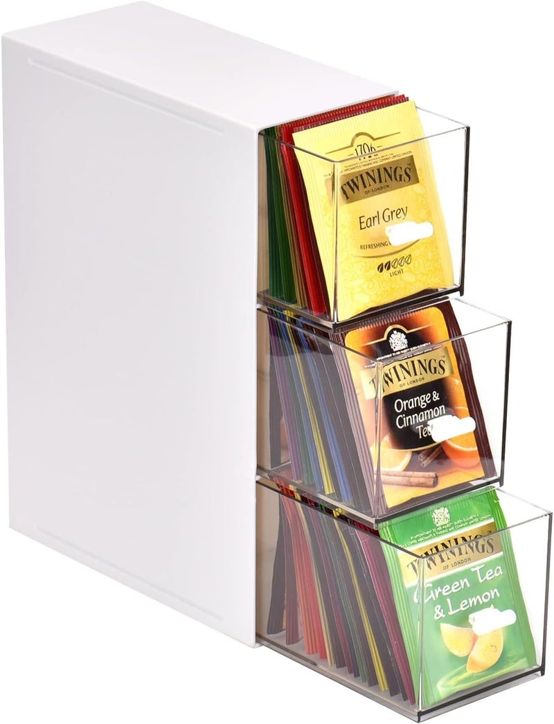 Desktop 3 Drawer Storage Box, , Dust-proof Divided Shelves for Teabags, Stationery Pens, Cosmetics, Sturdy Storage Box for Coffee Pods, Sweeteners, for Kitchen, Office, Dorm, White - Image 1