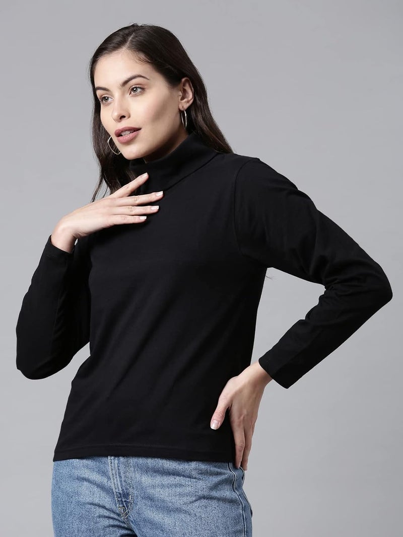 KRYPTIC Women’s 100% Cotton Solid High Neck T-Shirt - Long Sleeve Casual Wear for Daily, Office & Outdoor - Image 3