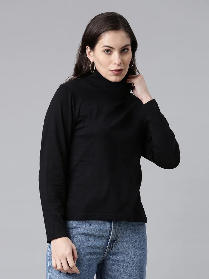 KRYPTIC Women’s 100% Cotton Solid High Neck T-Shirt - Long Sleeve Casual Wear for Daily, Office & Outdoor - Image 4