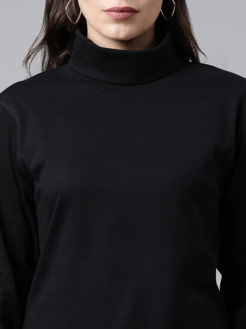 KRYPTIC Women’s 100% Cotton Solid High Neck T-Shirt - Long Sleeve Casual Wear for Daily, Office & Outdoor - Image 2