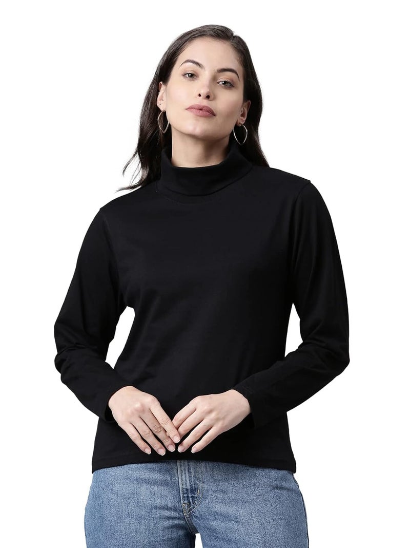 KRYPTIC Women’s 100% Cotton Solid High Neck T-Shirt - Long Sleeve Casual Wear for Daily, Office & Outdoor - Image 1
