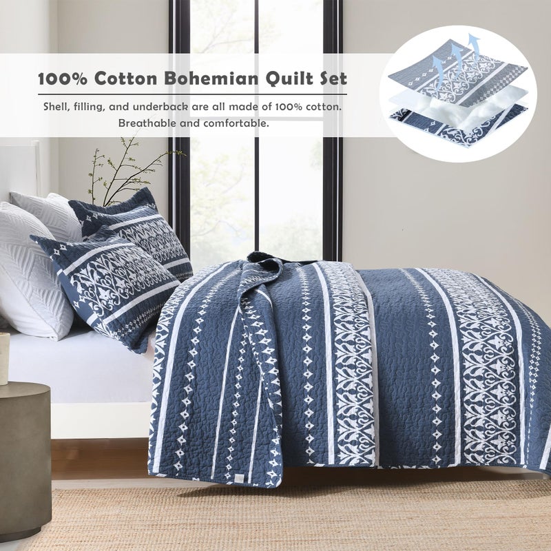 BCOTTOND Quilt Set 100% Cotton Boho Striped King Quilt,Navy Blue Quilt King Size Bohemian Pattern King Bedspread Lightweight All Season 3 Piece - Image 3