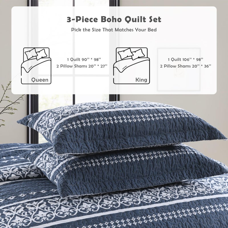 BCOTTOND Quilt Set 100% Cotton Boho Striped King Quilt,Navy Blue Quilt King Size Bohemian Pattern King Bedspread Lightweight All Season 3 Piece - Image 5