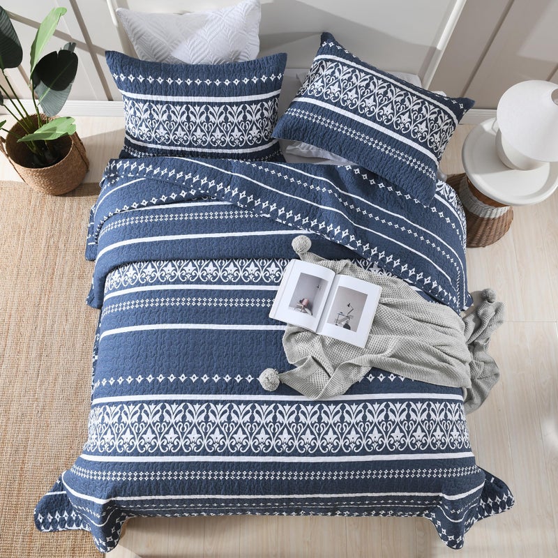 BCOTTOND Quilt Set 100% Cotton Boho Striped King Quilt,Navy Blue Quilt King Size Bohemian Pattern King Bedspread Lightweight All Season 3 Piece - Image 2