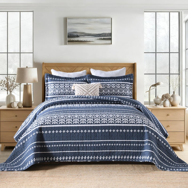 BCOTTOND Quilt Set 100% Cotton Boho Striped King Quilt,Navy Blue Quilt King Size Bohemian Pattern King Bedspread Lightweight All Season 3 Piece - Image 1