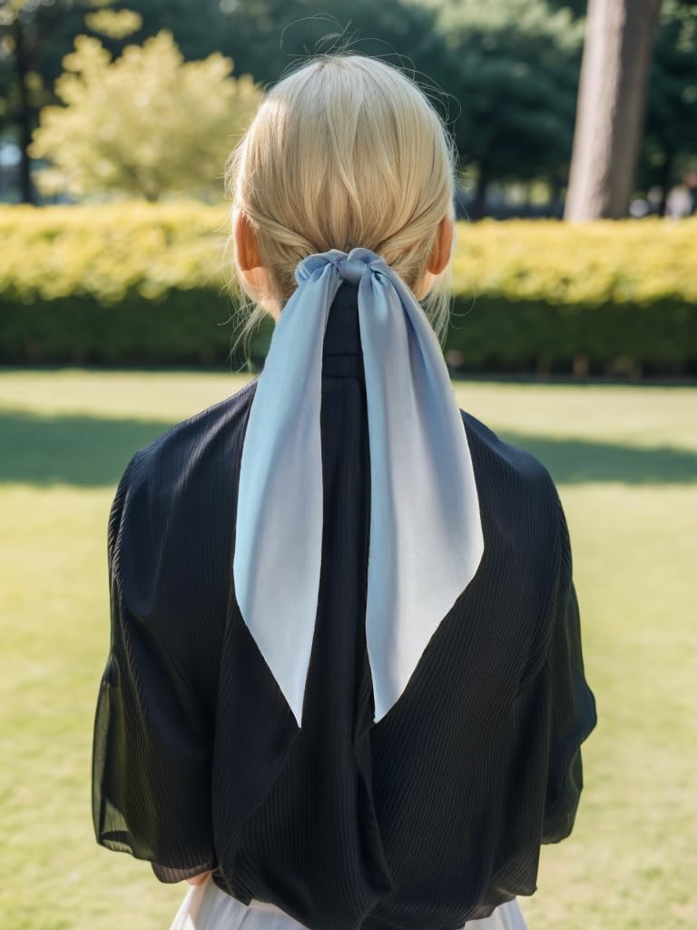 LFOUVRE Pack of 2 Knotted Bow Hair Scrunchies Elastic Hair Scarf Hair Ties Bands Satin Hair Ribbon Scrunchy Ponytail Holder for Women and Girls,Hair Scarf Scrunchies with Tail, Hair Accessories (Light Blue) - Image 3