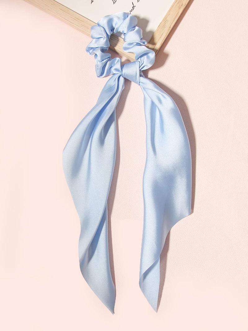 LFOUVRE Pack of 2 Knotted Bow Hair Scrunchies Elastic Hair Scarf Hair Ties Bands Satin Hair Ribbon Scrunchy Ponytail Holder for Women and Girls,Hair Scarf Scrunchies with Tail, Hair Accessories (Light Blue) - Image 5