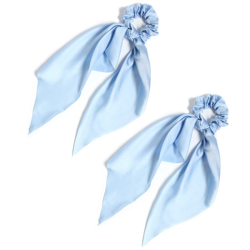 LFOUVRE Pack of 2 Knotted Bow Hair Scrunchies Elastic Hair Scarf Hair Ties Bands Satin Hair Ribbon Scrunchy Ponytail Holder for Women and Girls,Hair Scarf Scrunchies with Tail, Hair Accessories (Light Blue) - Image 1