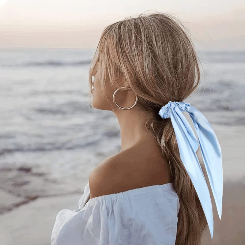 LFOUVRE Pack of 2 Knotted Bow Hair Scrunchies Elastic Hair Scarf Hair Ties Bands Satin Hair Ribbon Scrunchy Ponytail Holder for Women and Girls,Hair Scarf Scrunchies with Tail, Hair Accessories (Light Blue) - Image 2