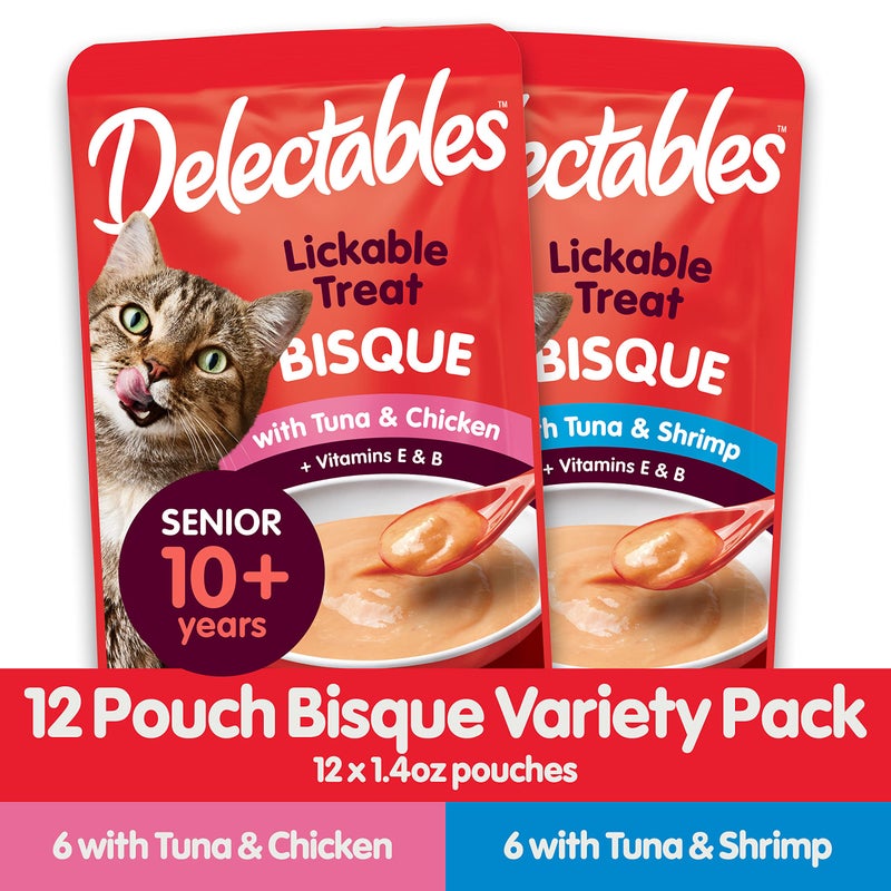 Hartz Delectables Lickable Treat Bisque Senior 10+ Wet Cat Treat Variety Pack, Food Topper, Hydrating, Grain-Free, No Fillers, No by-Products, No Added Preservatives, 1.4oz Pouch, 12ct - Image 3