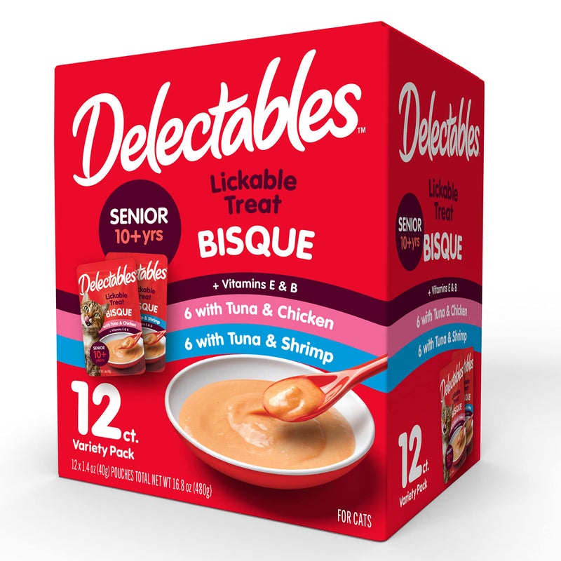 Hartz Delectables Lickable Treat Bisque Senior 10+ Wet Cat Treat Variety Pack, Food Topper, Hydrating, Grain-Free, No Fillers, No by-Products, No Added Preservatives, 1.4oz Pouch, 12ct - Image 1