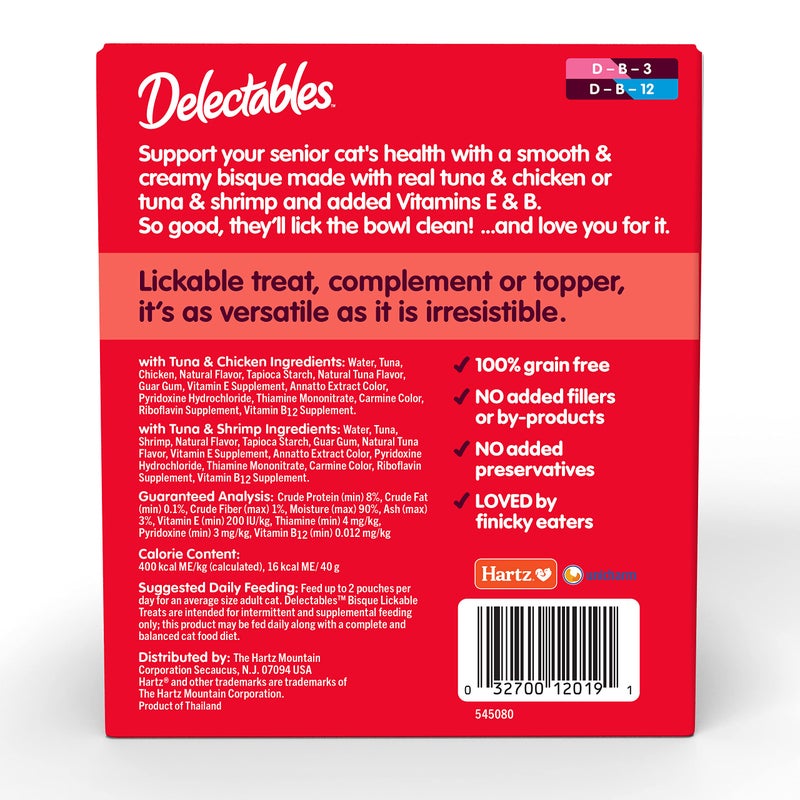 Hartz Delectables Lickable Treat Bisque Senior 10+ Wet Cat Treat Variety Pack, Food Topper, Hydrating, Grain-Free, No Fillers, No by-Products, No Added Preservatives, 1.4oz Pouch, 12ct - Image 2