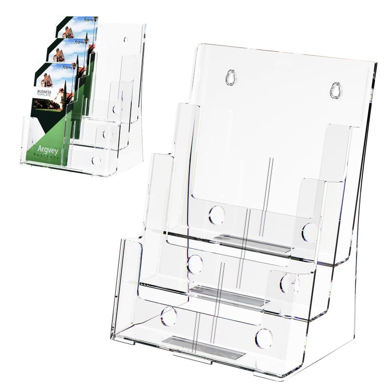 2 Pack Acrylic Brochure Holder 85 x 11 inches 3 Tier Clear Brochure Display Stand with Removable Divider for Trifold 4 Inches Wide Pamphlet Plastic Flyer Holder for Magazine Literature Booklet