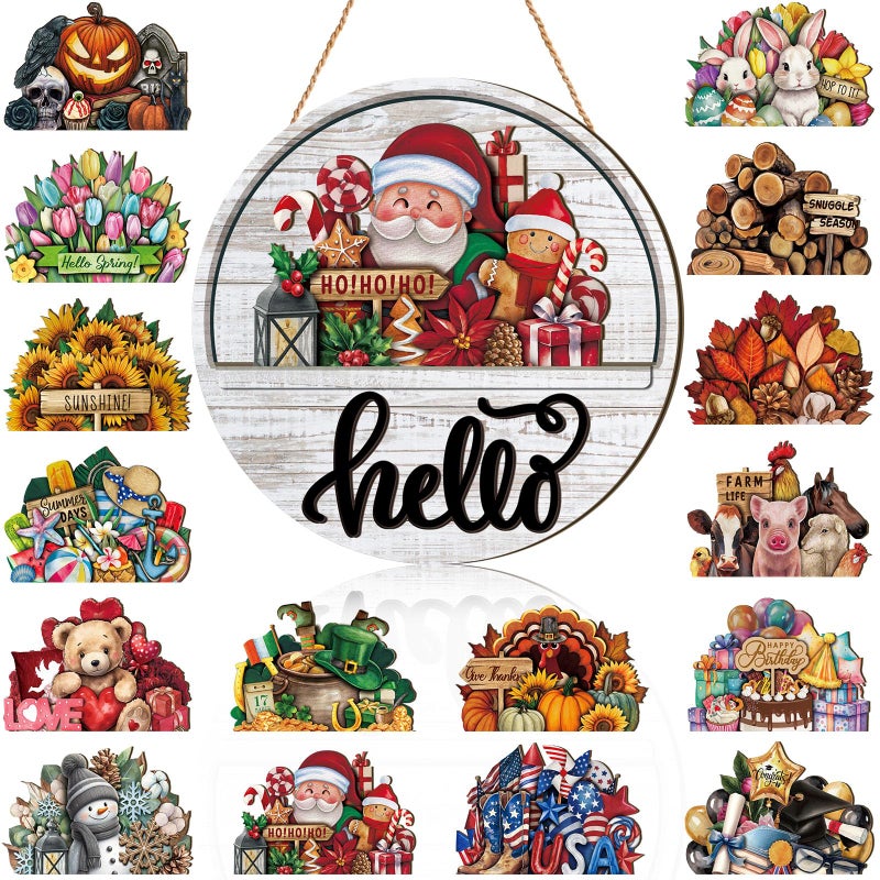Yousoontic 17 Pcs 12 Inch Magnetic Welcome Door Sign Interchangeable Front Door Decor Rustic Fall Seasonal Hanging Sign Halloween Christmas Decor for Home Warming GiftLovely ColorHello