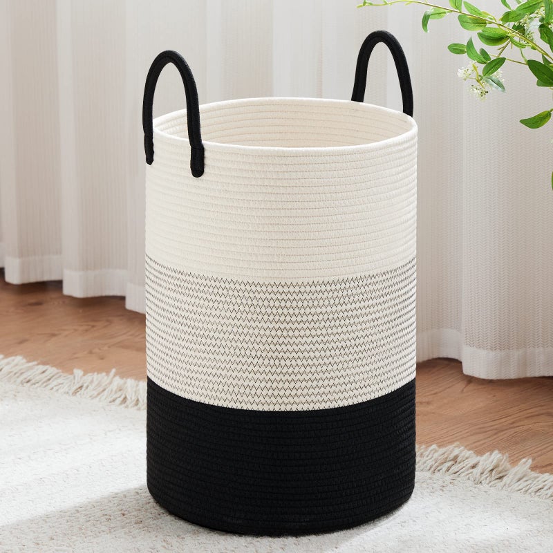 VIPOSCO Large Laundry Hamper Tall Woven Rope Storage Basket for Blanket Toys Dirty Clothes in Living Room Bathroom Bedroom 72L White Black