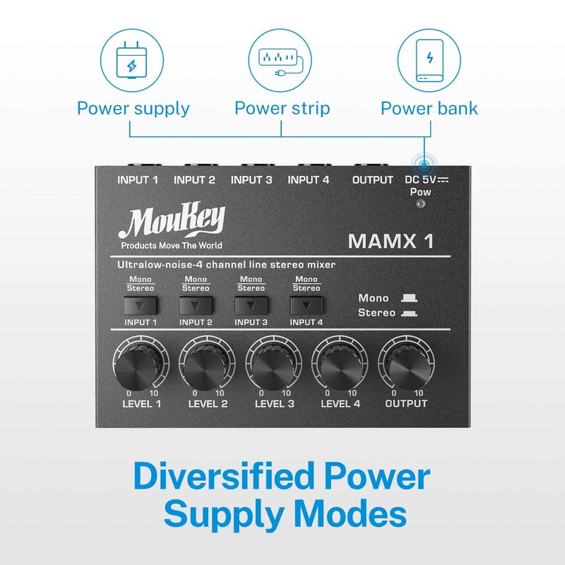 Moukey Mini Audio Mixer, DC 5V, 4 Stereo Ultra, Low Noise 4 Channel Line Mixer for Sub-Mixing, for Small Clubs or Bars, As Guitars, Bass, Keyboards Mixer, MAMX1 - Image 5