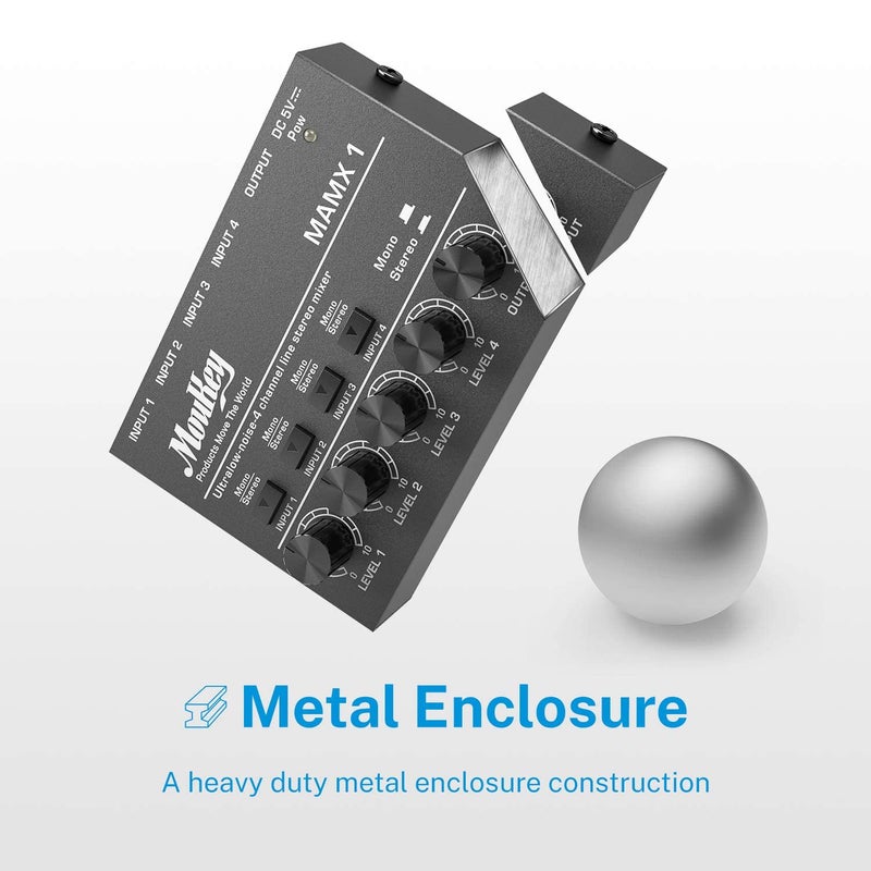 Moukey Mini Audio Mixer, DC 5V, 4 Stereo Ultra, Low Noise 4 Channel Line Mixer for Sub-Mixing, for Small Clubs or Bars, As Guitars, Bass, Keyboards Mixer, MAMX1 - Image 3