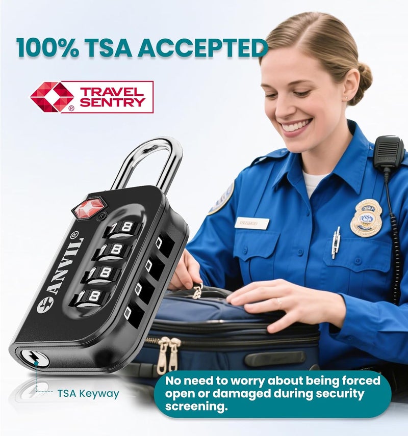 Anvil TSA Approved Luggage Lock - 4 Digit Combination, 10,000 Combinations, Easy-Read Password Window, Travel Lock for Suitcases, Backpacks, Gym & Student Lockers, Baggage - Image 2