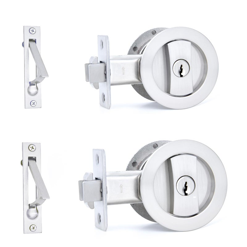 Dontay Pocket Door Keyed Lock with Handles Round Contemporary Entrance Sliding Barn Door Lock Latch Recessed 2 Sided 238 inch Backset Flush Handles Hardware 2 Brushed Nickel - Image 2