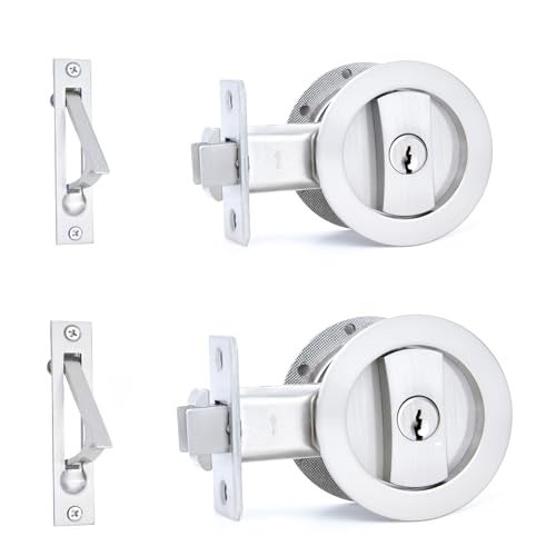 Dontay Pocket Door Keyed Lock with Handles Round Contemporary Entrance Sliding Barn Door Lock Latch Recessed 2 Sided 238 inch Backset Flush Handles Hardware 2 Brushed Nickel - Image 1