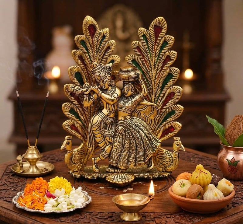 KridayKraft Radha Krishna Metal Statue with Diya for Pooja, Peacock Design Decor Your Home,Office,Religious Showpiece Figurines,God Idol Gift Article... - Image 2
