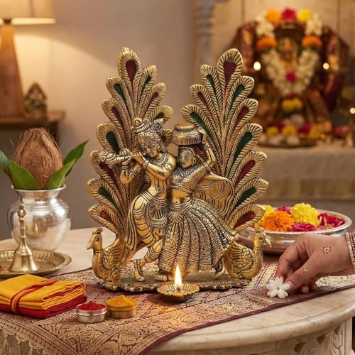 KridayKraft Radha Krishna Metal Statue with Diya for Pooja, Peacock Design Decor Your Home,Office,Religious Showpiece Figurines,God Idol Gift Article... - Image 1