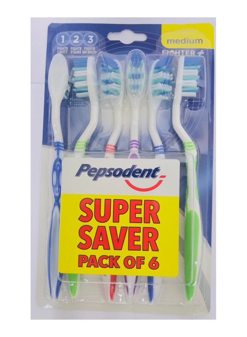 Pepsodent Fighter+ Toothbrush, Medium, Super Saver Pack of 6 - Image 1