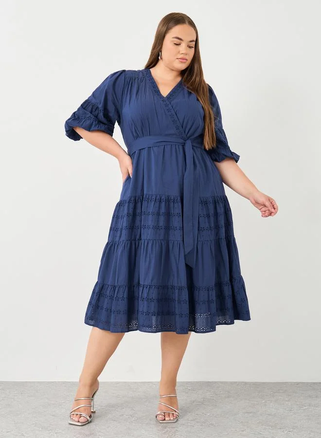 Styli Plus Size Schiffli Wrap Midi Dress