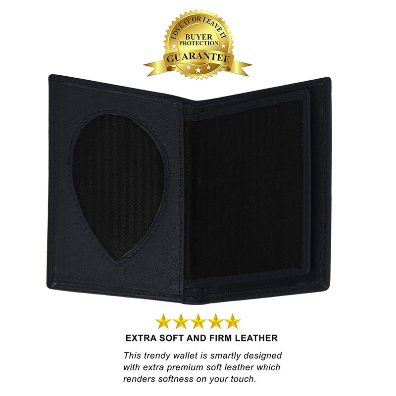 LB LEATHERBOSS Leatherboss Genuine Leather Police Shield Shape Badge Holder Bifold Wallet, Black - Image 3