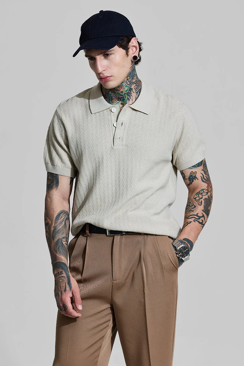 SNITCH Bordeaux Beige Textured Relaxed Fit Polo T-Shirt