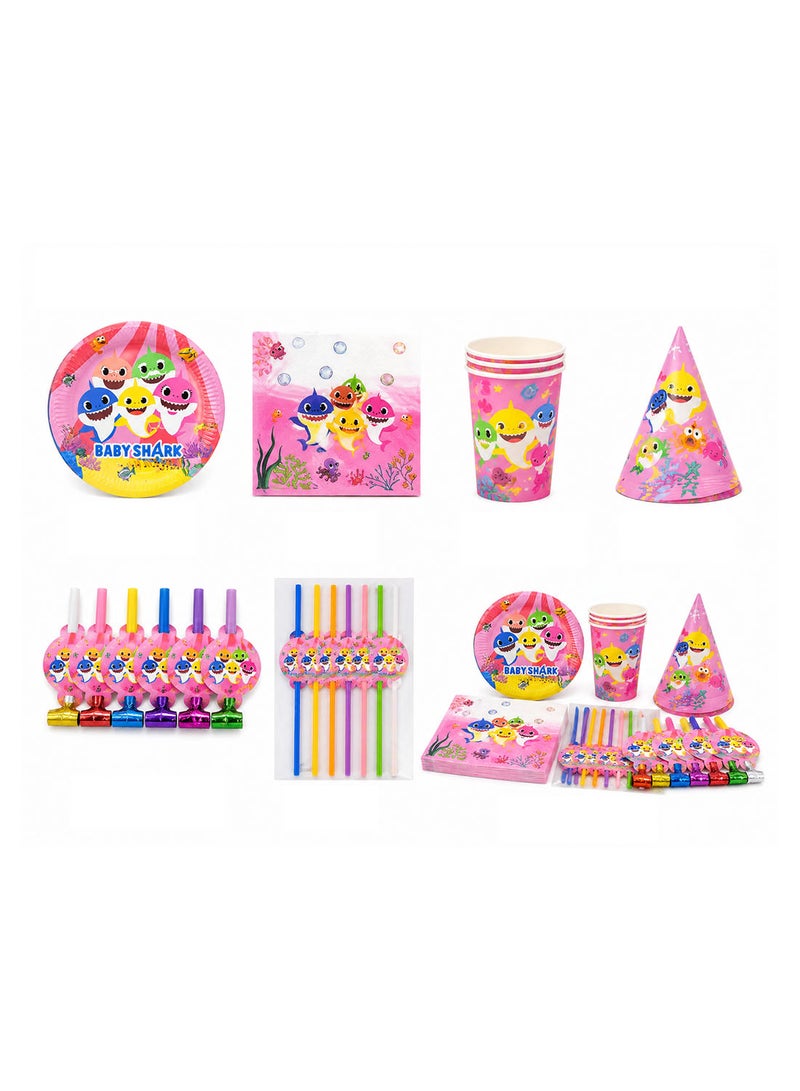 36 Pcs Baby Shark Theme Kids Party Set, Birthday Party Pink Tableware Kit with Plates, Cups, Tissues, Straws, Party Blowouts and Paper Hats - Image 1