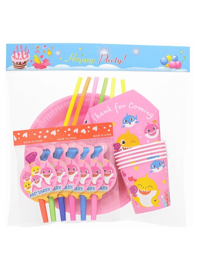 36 Pcs Baby Shark Theme Kids Party Set, Birthday Party Pink Tableware Kit with Plates, Cups, Tissues, Straws, Party Blowouts and Paper Hats - Image 4