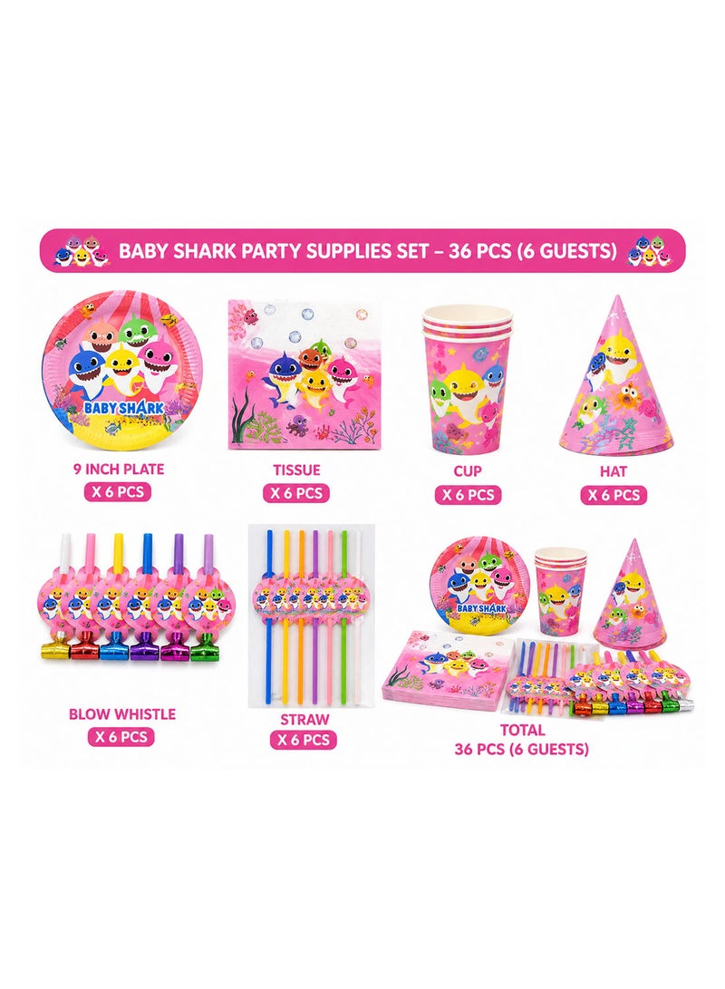 36 Pcs Baby Shark Theme Kids Party Set, Birthday Party Pink Tableware Kit with Plates, Cups, Tissues, Straws, Party Blowouts and Paper Hats - Image 2