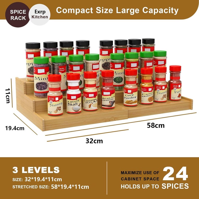 Exrp Spice Rack Kitchen Cabinet Organizer- 3 Tier Bamboo Expandable Display Shelf - Image 2