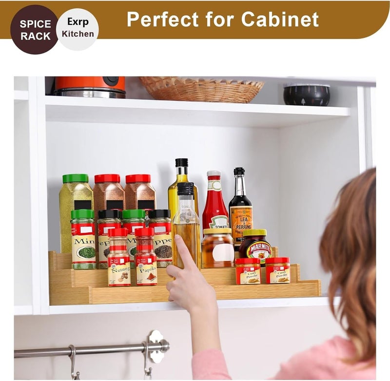 Exrp Spice Rack Kitchen Cabinet Organizer- 3 Tier Bamboo Expandable Display Shelf - Image 5