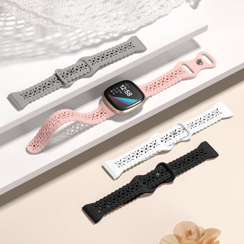 Dirrelo 4 pack Lace Silicone Band Compatible with Fitbit Sense Bands/Sense 2 Bands for Women, Ultrathin Hollow-out Breathable Sport Strap Replacement Wristbands for Versa 3/Versa 4/Sense 2/Sense Watch - Image 3