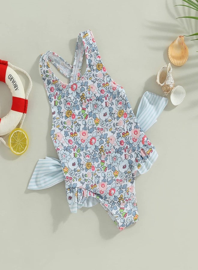 Yccutest Toddler Girls Strap One Piece Swimsuit Floral Sleeveless Backless Bathing Suit Ruffles Bowknot Swimwear Summer Beach Wear (Blue,5-6 Years) - Image 2