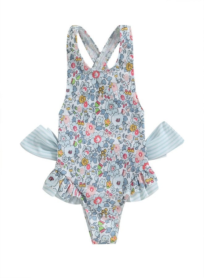 Yccutest Toddler Girls Strap One Piece Swimsuit Floral Sleeveless Backless Bathing Suit Ruffles Bowknot Swimwear Summer Beach Wear (Blue,5-6 Years) - Image 1