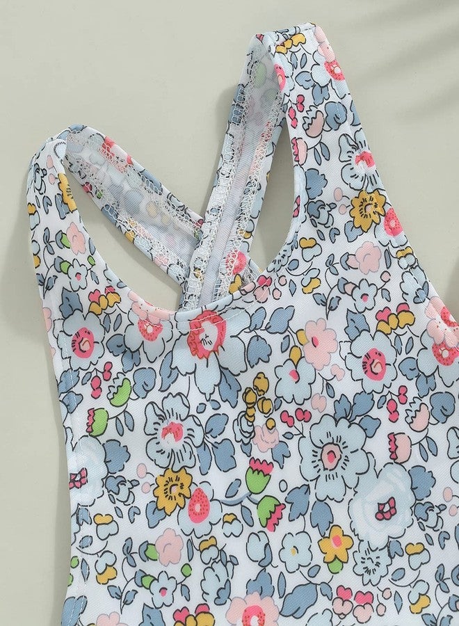 Yccutest Toddler Girls Strap One Piece Swimsuit Floral Sleeveless Backless Bathing Suit Ruffles Bowknot Swimwear Summer Beach Wear (Blue,5-6 Years) - Image 3