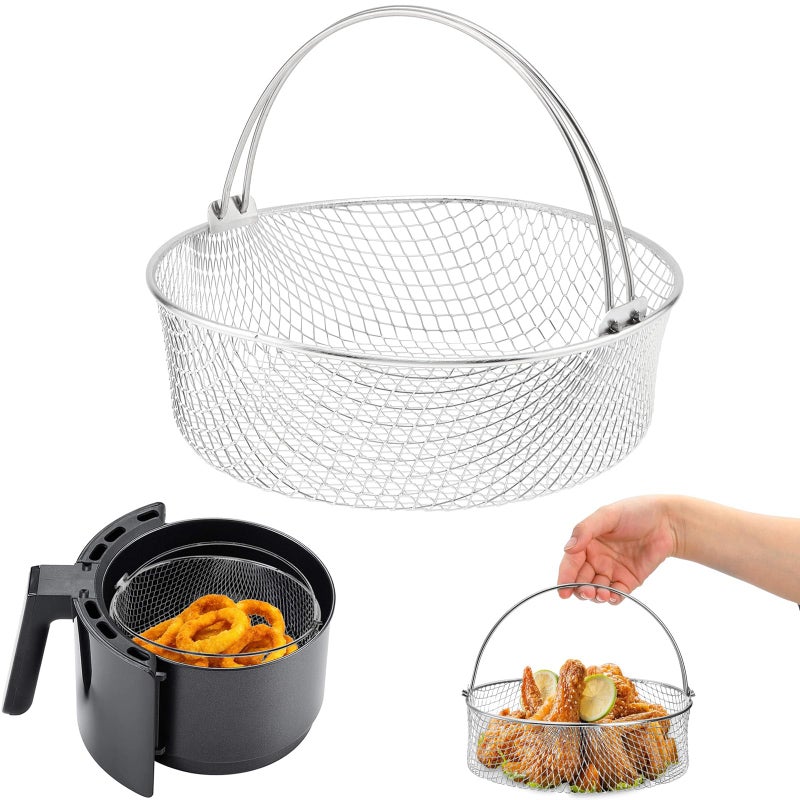 TQEONKL Air Fryer Basket, 8Qt Air Fryer Replacement Accessory Mesh Basket with Handle, 18/8 Round Stainles Steel Steamer Basket for Air Fryer, Instant Pot, Oven, Steamer Basket, Household Frying Food Basket - Image 1
