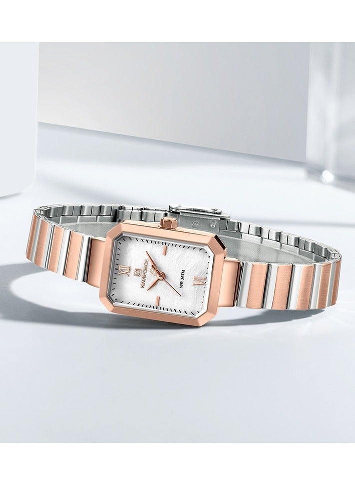 NAVIFORCE Women's Rose Gold-Tone Rectangular Quartz Watch with White Dial and Two-Tone Stainless Steel Bracelet  - Image 2