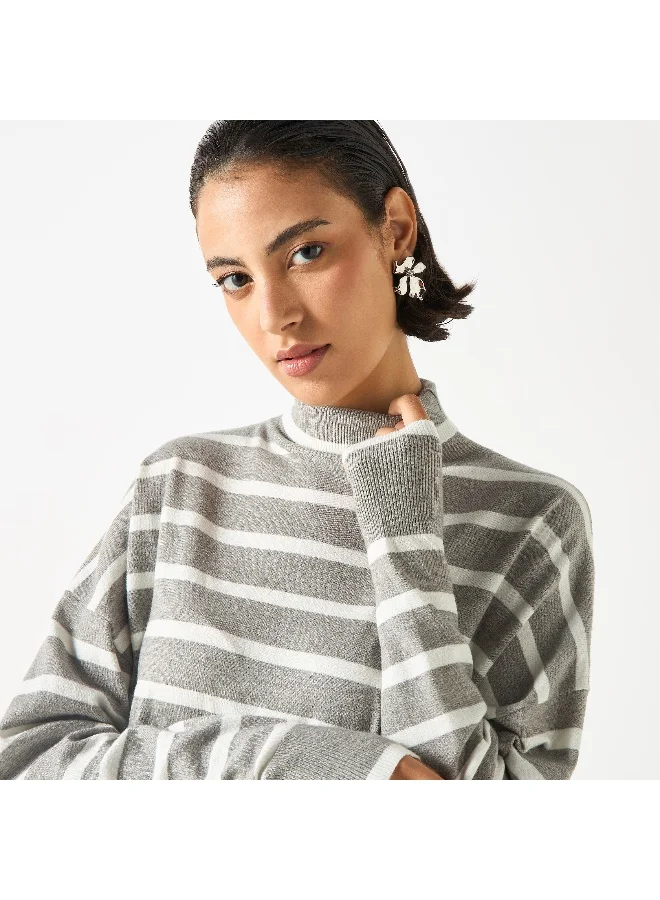 2Xtremz Oversized Striped High Neck  Sweaters