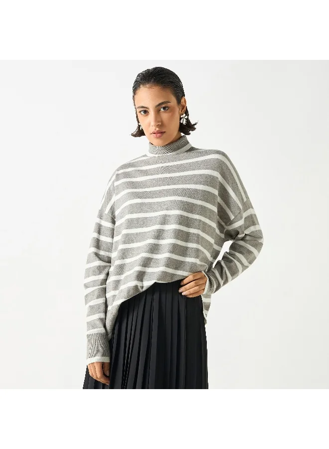 2Xtremz Oversized Striped High Neck  Sweaters