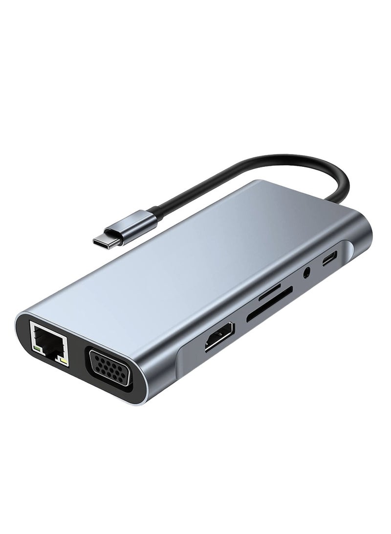 Zero ZERO 10 in 1 Type-C to 4K HDTV Adapter with LAN VGA USB3.0×3 SD TF PD Audio Port - Grey  - Image 1