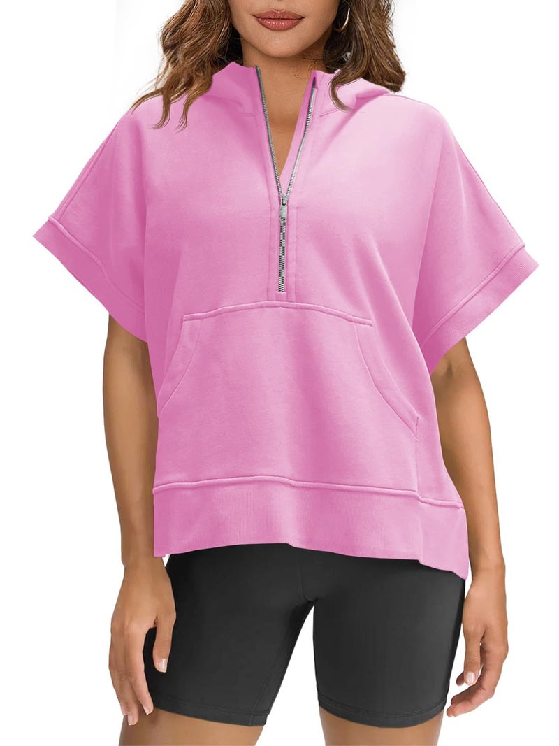 independent station women's summer zipper hooded pocket short sleeve T-shirt - Image 2